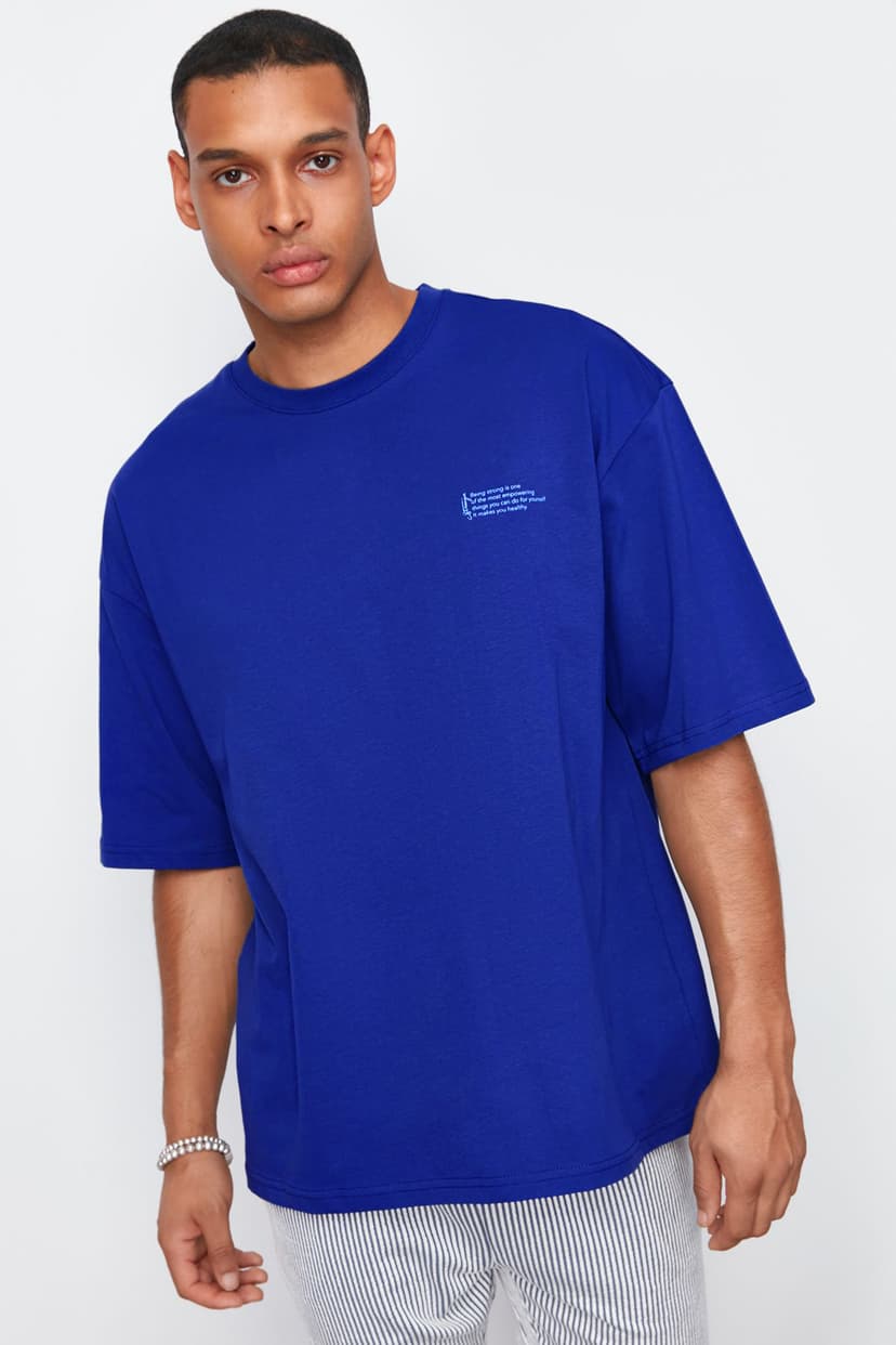 Saks Oversize %100 Pamuklu Bisiklet Yaka Minimal Yazı Baskılı Tok Kumaş T-shirt