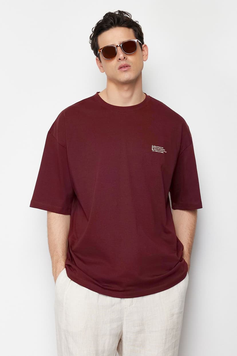 Bordo Oversize %100 Pamuklu Bisiklet Yaka Minimal Yazı Baskılı Tok Kumaş T-shirt