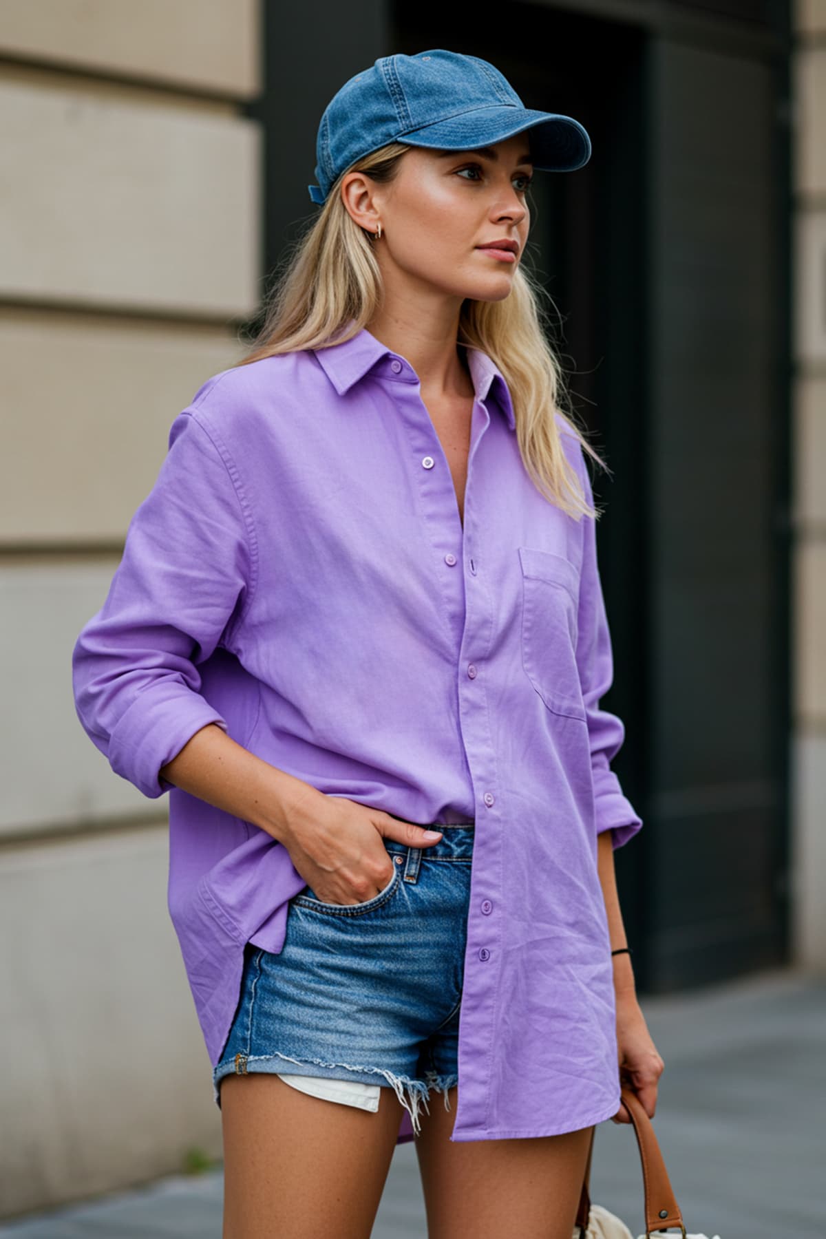 Açık Mor Tek Cepli Boyfriend/Geniş Kalıp Pamuklu Dokuma Gömlek