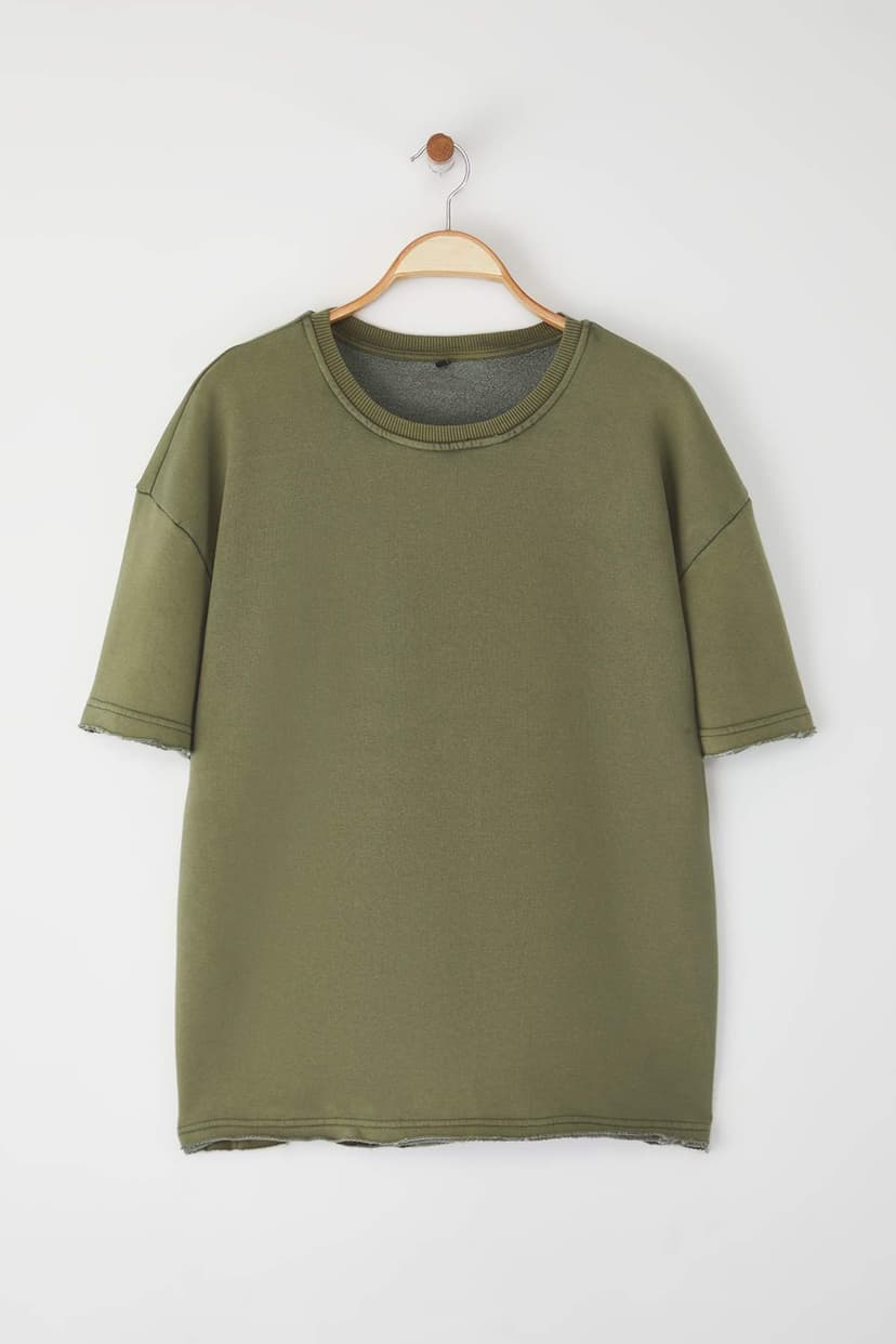 Yeşil Oversize/Geniş Kesim Eskitme/Soluk Efekt Dikiş Detaylı Kalın T-Shirt
