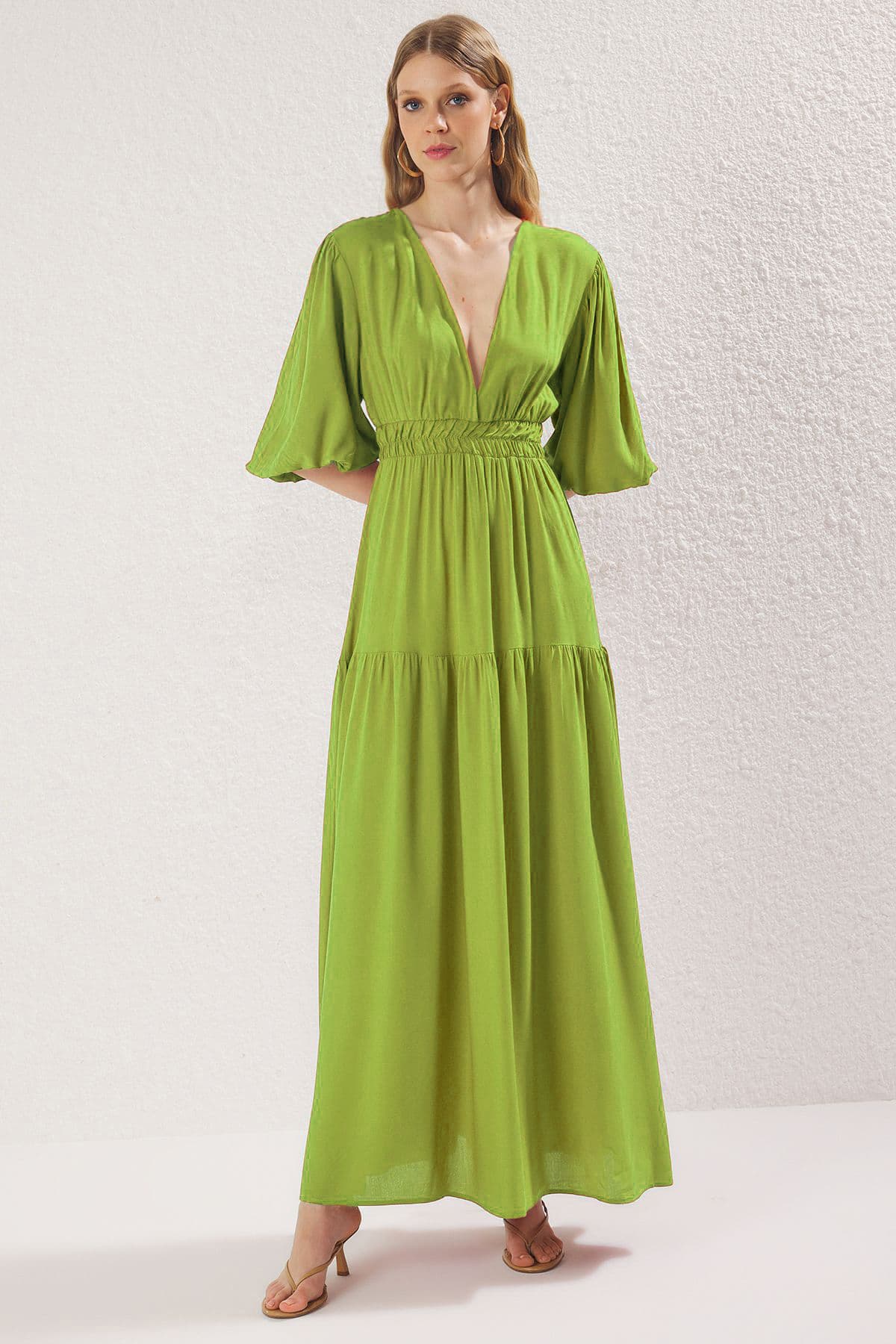Yağ Yeşili Düz Maxi Dokuma Elbise