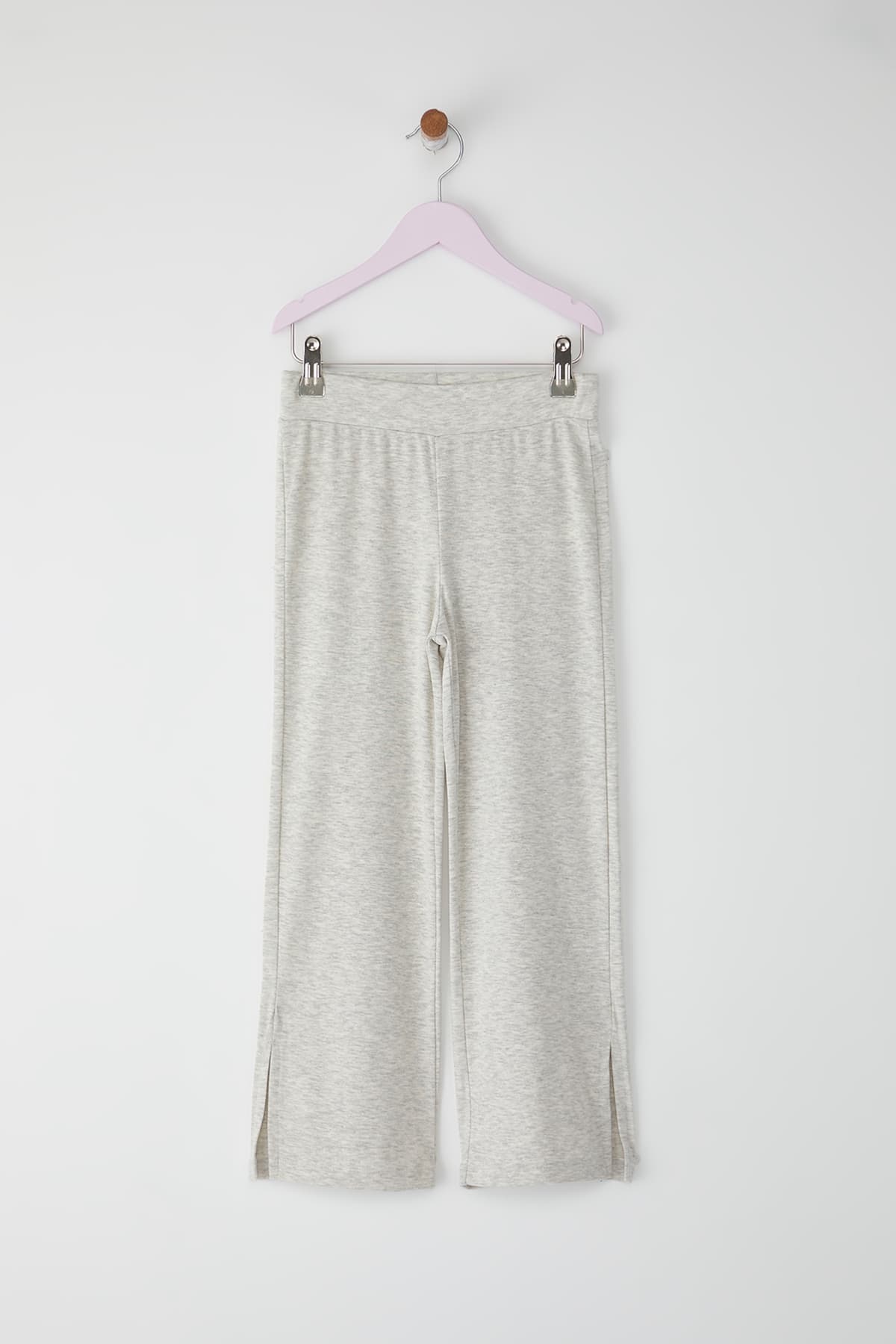 Gri Melanj Kız Çocuk Pamuklu Basic Yırtmaç Detaylı Wide Leg Örme Pantolon