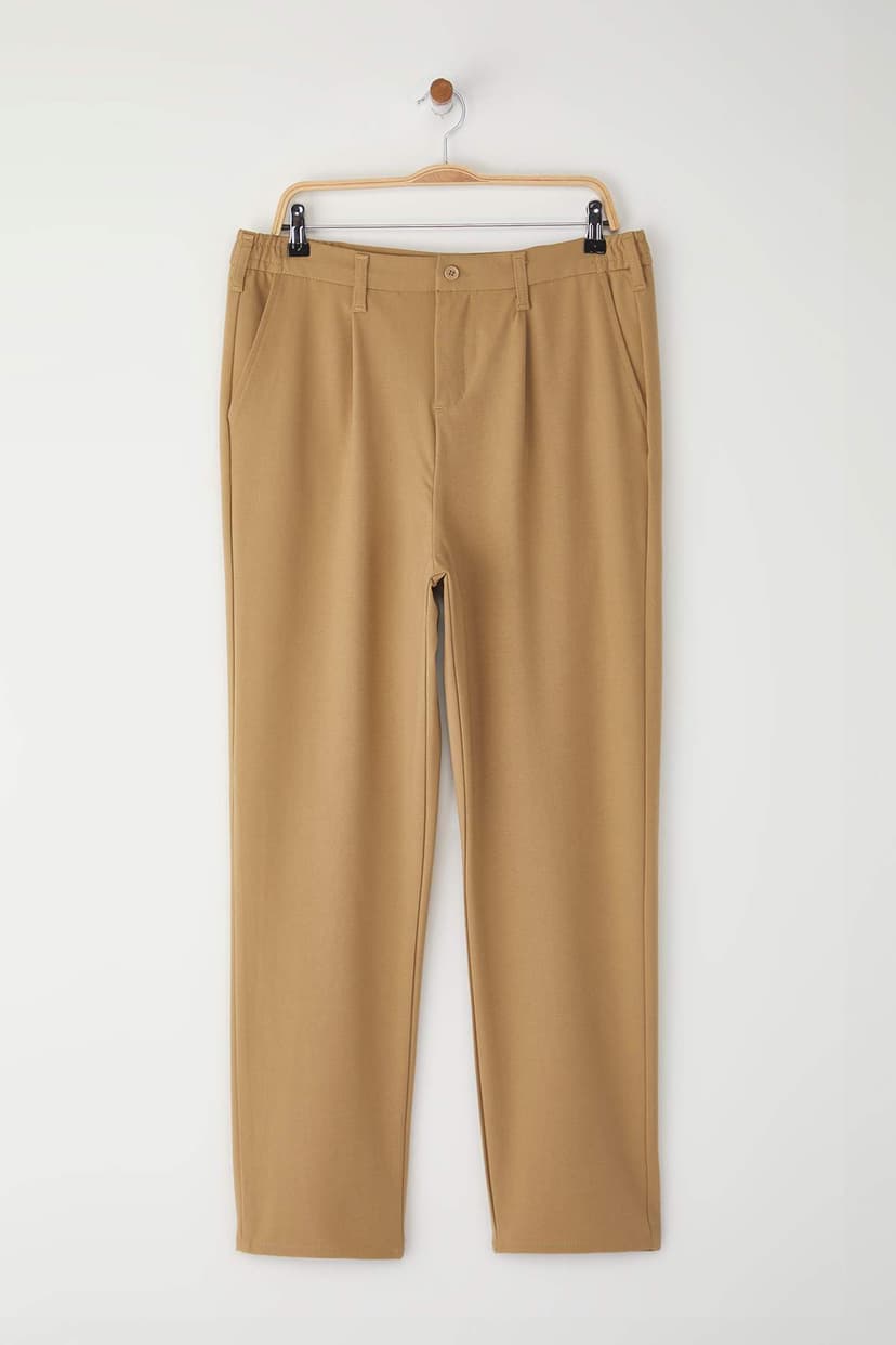 Bej Wideleg Baggy Rahat Kalıp Dokuma Kumaş Pantolon