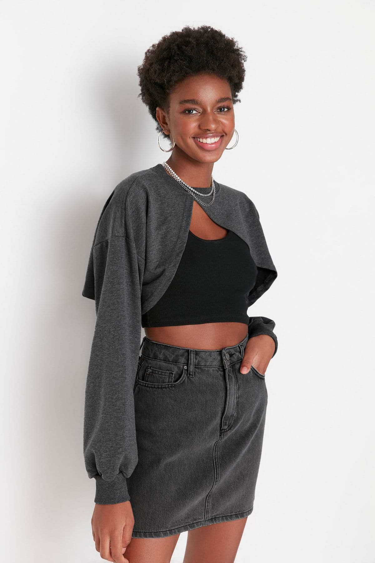 Antrasit Asimetrik Super Crop Bisiklet Yaka İnce Örme Sweatshirt