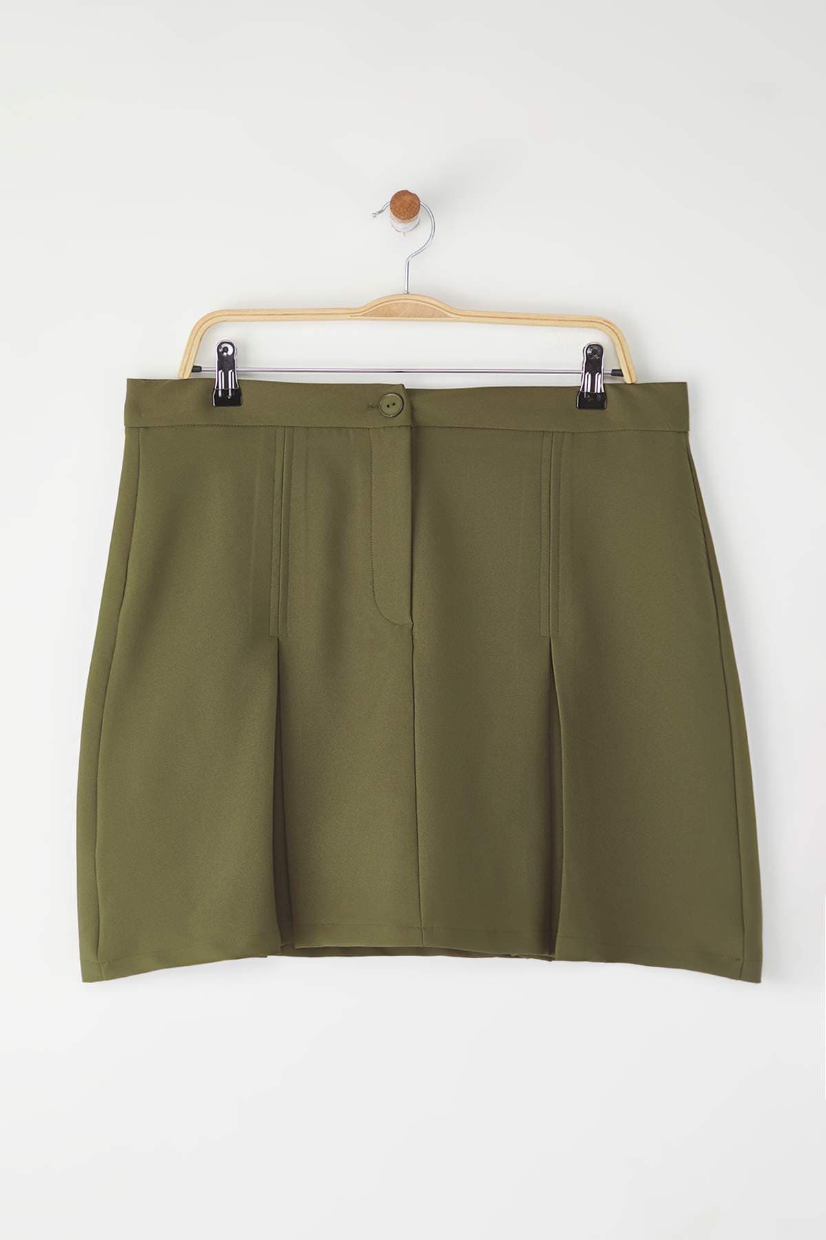 Haki Pileli Dokuma Büyük Beden Şort Etek