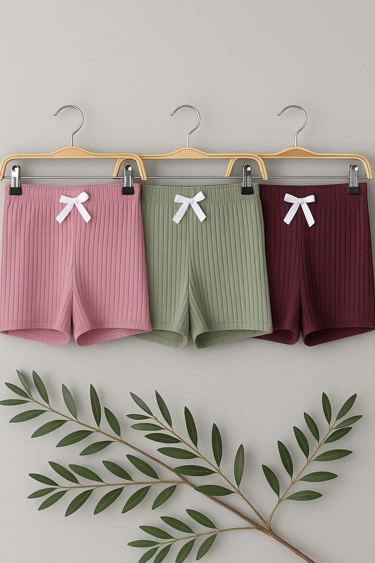 Pembe-Çok Renkli 3'lü Paket Pamuklu Kurdele/Fiyonklu Fitilli Örme Pijama Altı