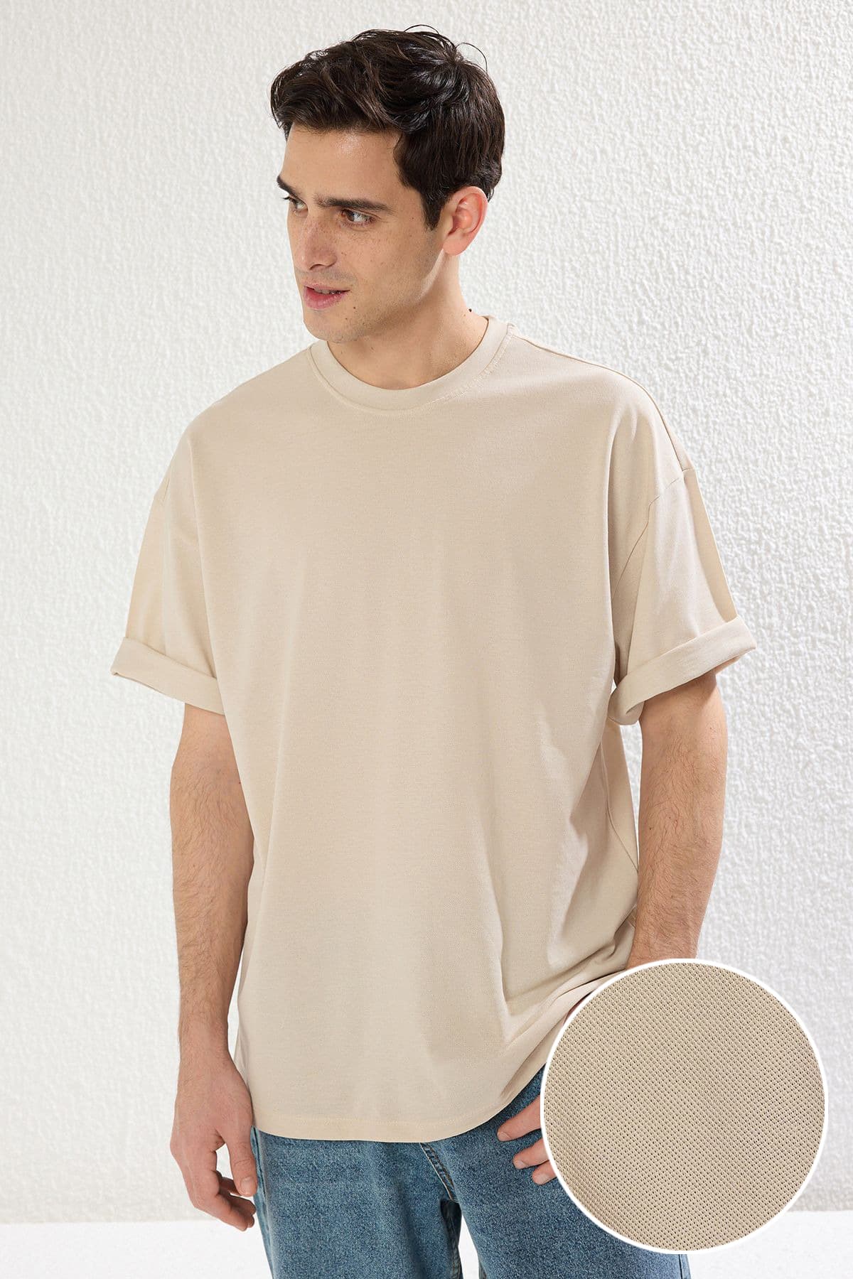 Taş Oversize/Geniş Kesim Dokulu Basic %100 Pamuklu T-Shirt