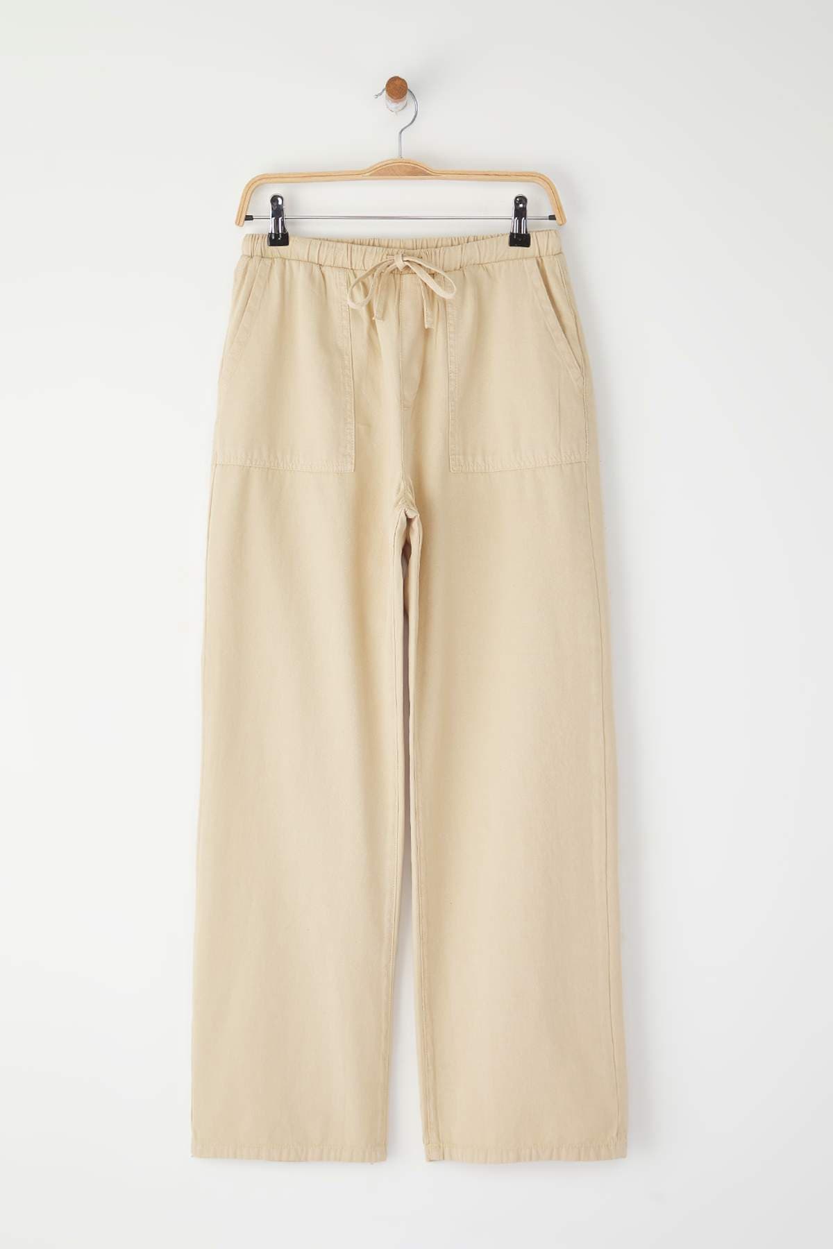 Taş Beli Lastikli Yüksek Bel Wide Leg Jeans