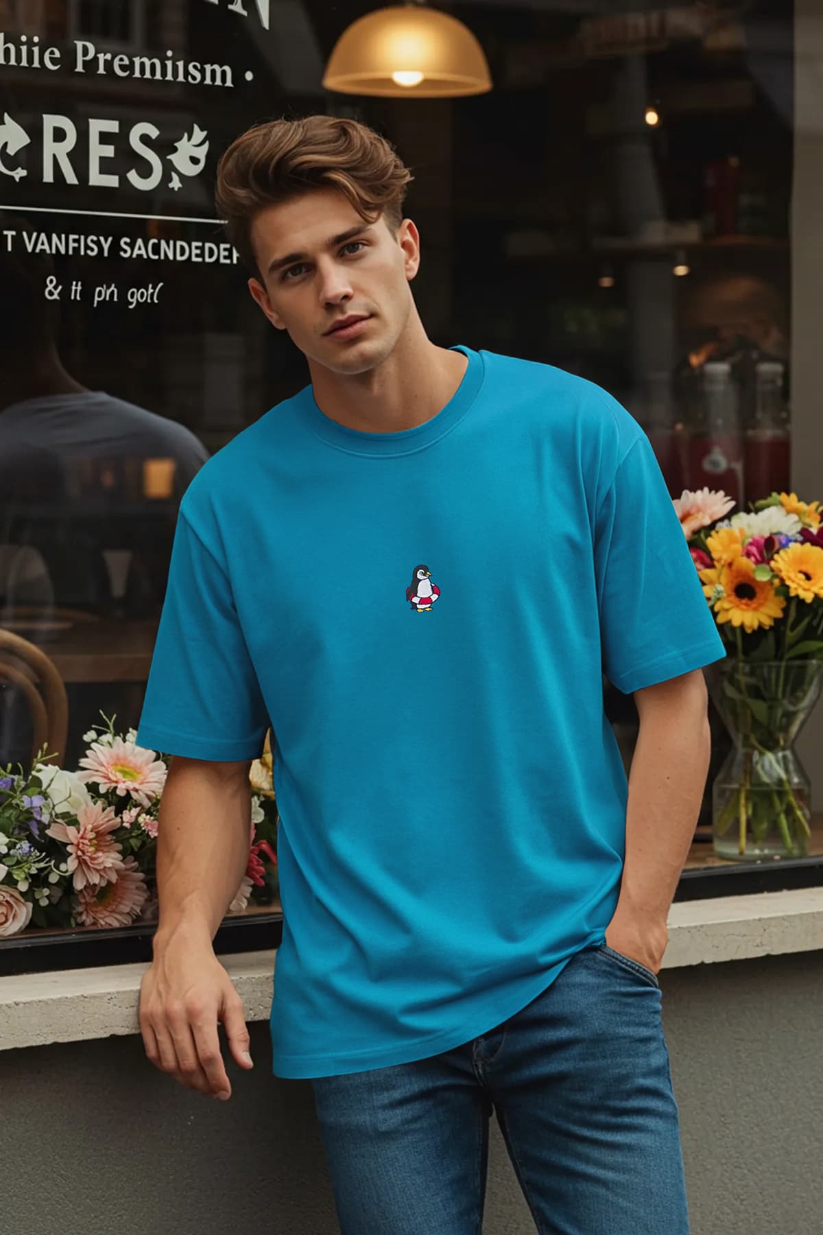 Mavi Oversize/Geniş Kesim Penguen Nakışlı %100 Pamuklu T-Shirt