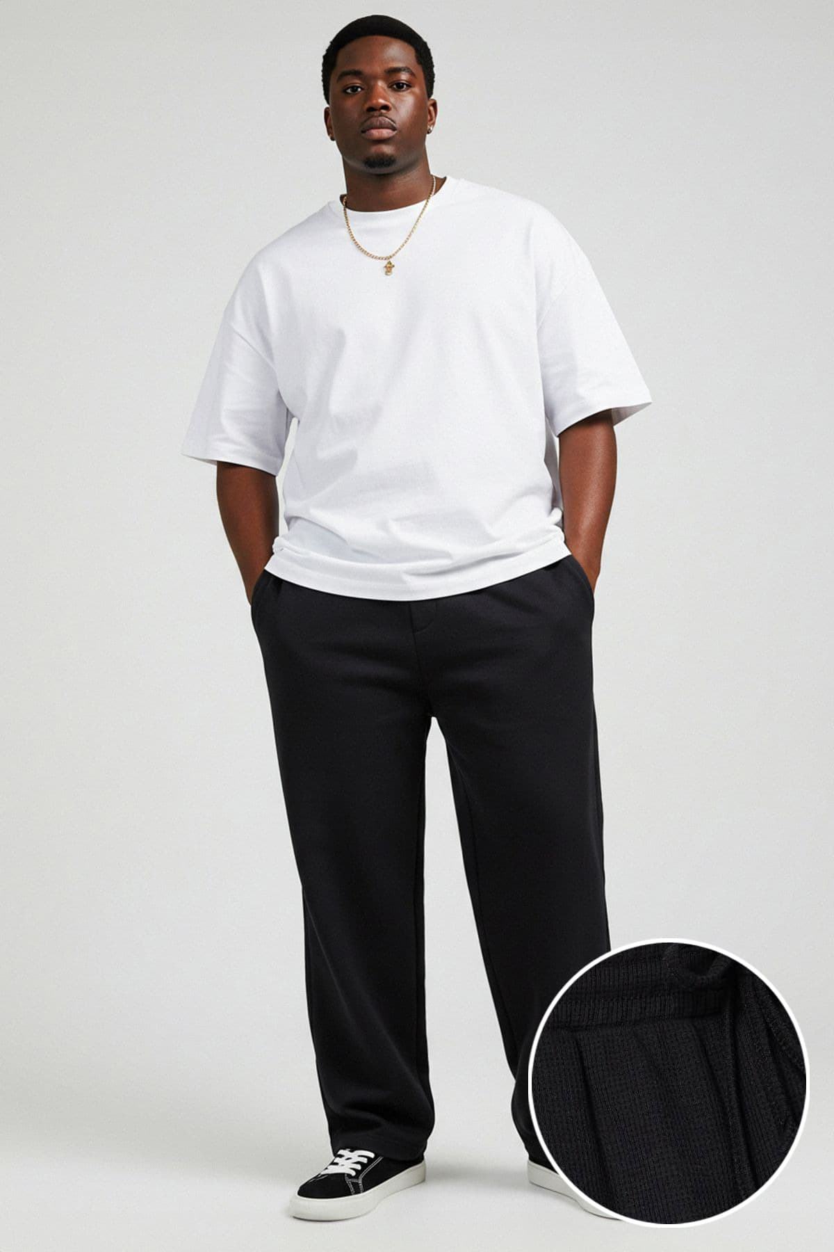 Siyah Büyük Beden Oversize/Geniş Kesim Dokulu Eşofman Altı