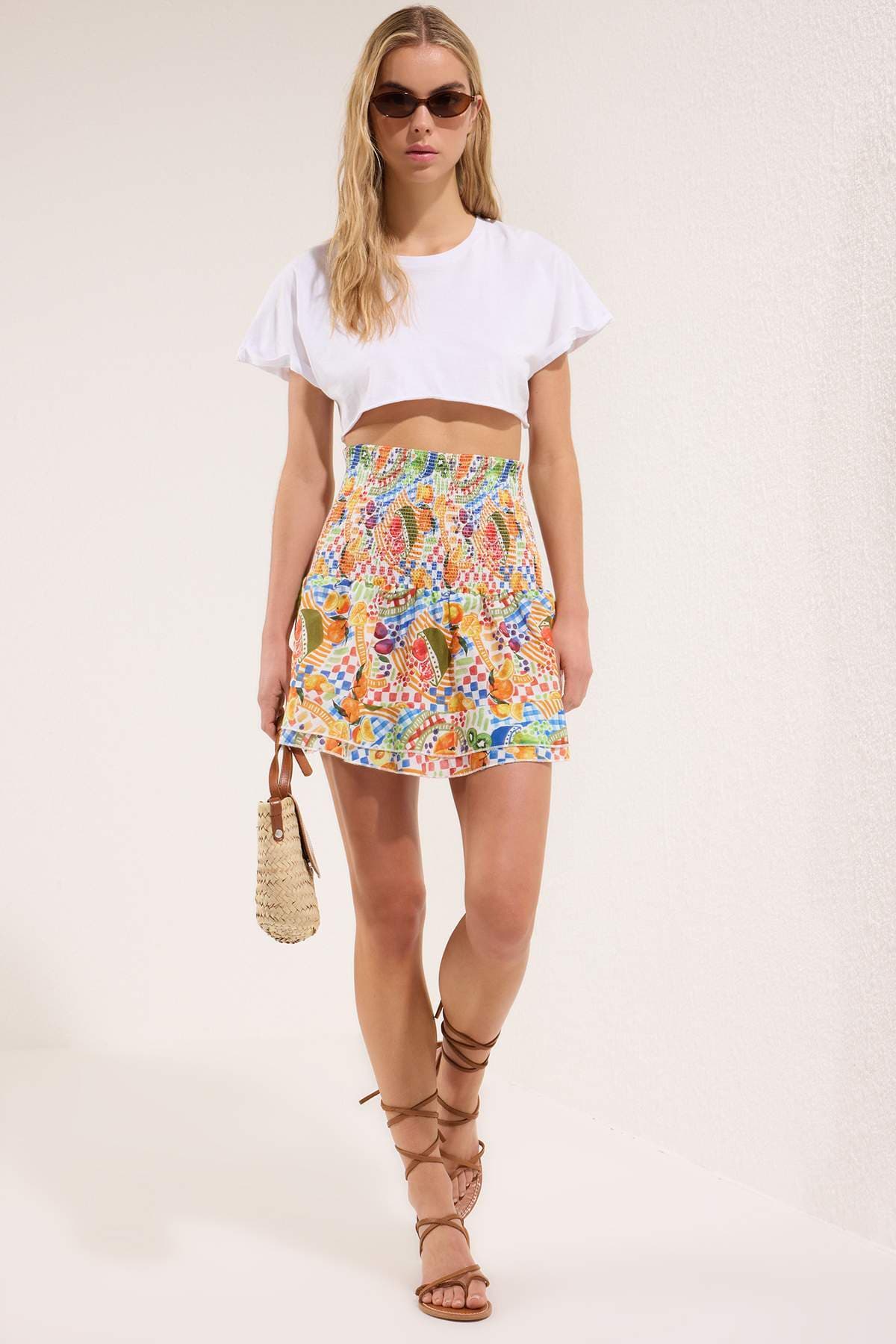 Çok Renkli Eteği Katlı Desenli Yazlık %100 Pamuk Mini Etek