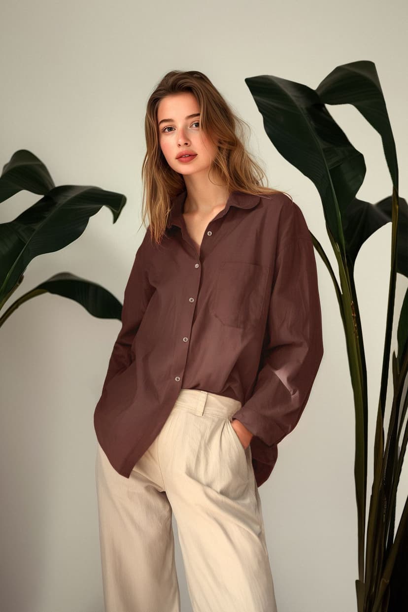 Kahverengi Tek Cepli Boyfriend/Geniş Kalıp Pamuklu Dokuma Gömlek