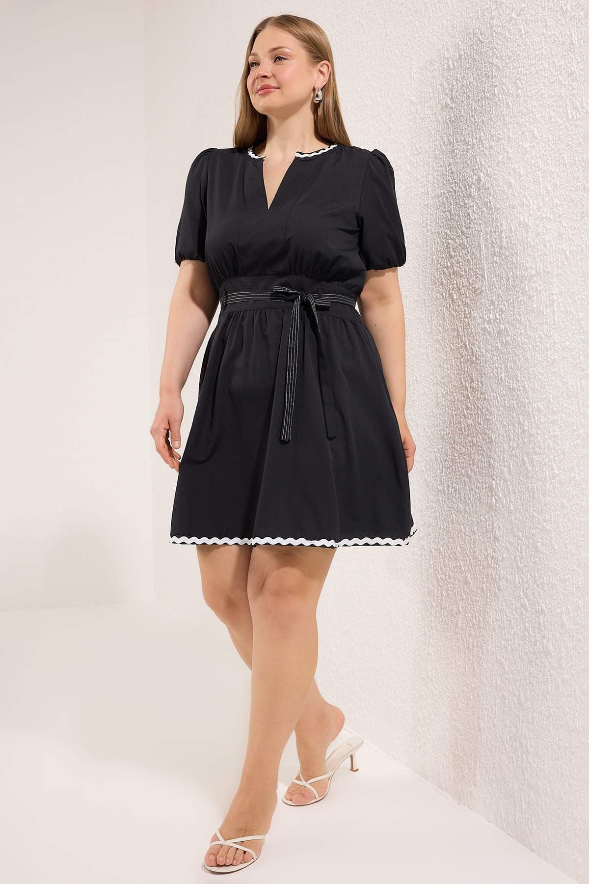 Siyah Terrycotton Dokuma Büyük Beden Elbise