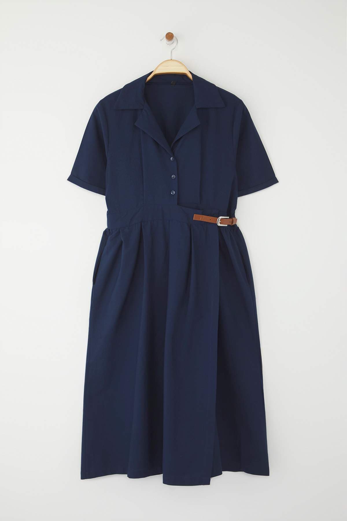 Lacivert Poplin Dokuma Büyük Beden Elbise