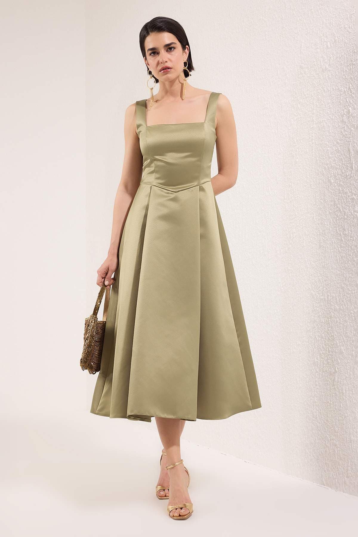 Yağ Yeşil A-Kesim Saten Dokuma Şık Abiye Gece Mezuniyet Elbisesi