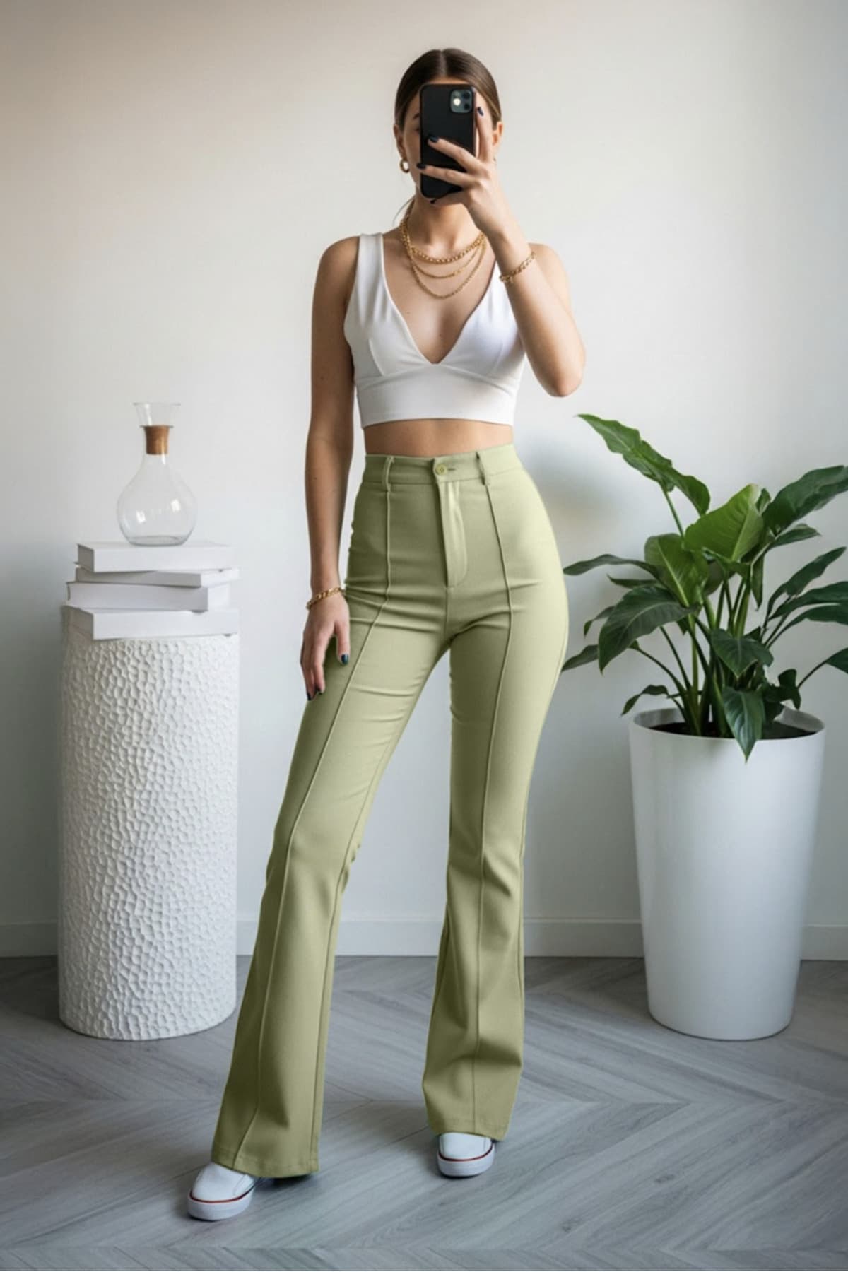 Yeşil Straight/Düz Kesim Yüksek Bel Nervür Dikişli Dokuma Pantolon
