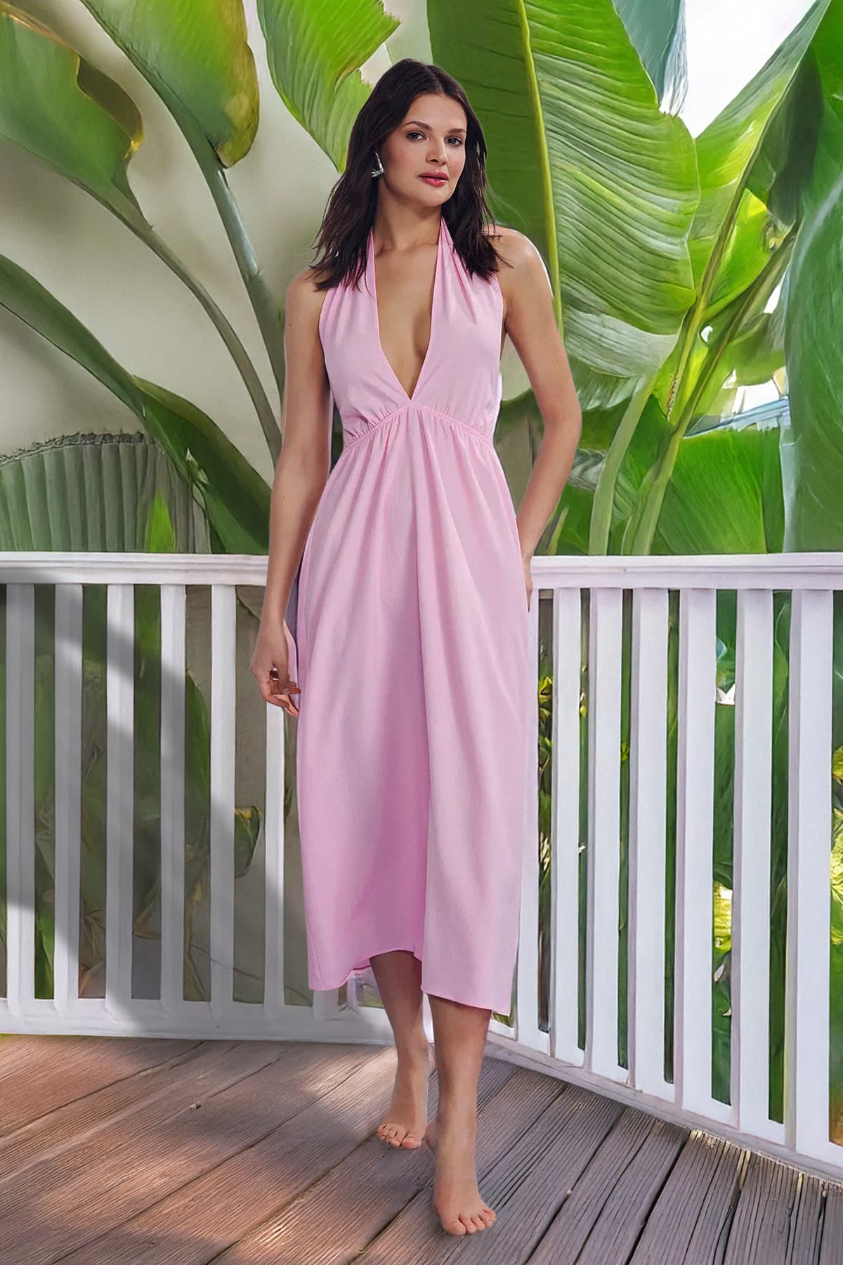 Trendyolmilla Pembe Dokuma Derin V Yaka Sırt Detaylı Plaj Elbisesi TBESS25EL00136