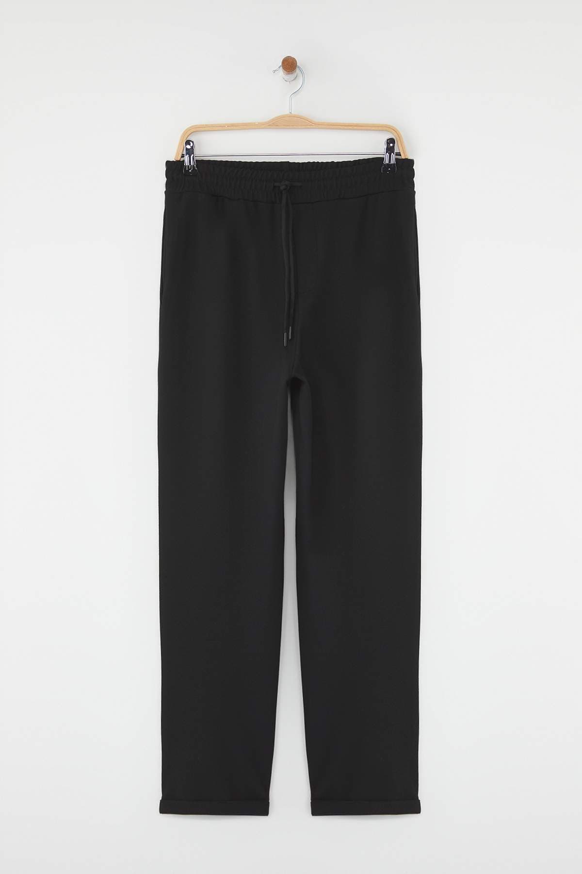 Siyah Regular Fit Örme Esnek Rahat Beli Bağlamalı Lastikli Duble Paça Pantolon