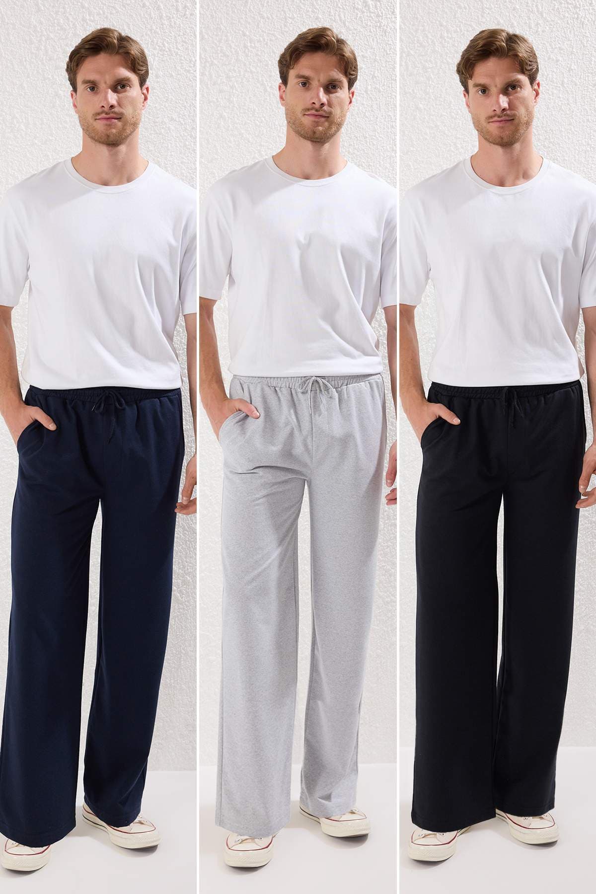 Siyah-Lacivert-Gri Melanj 3'lü Paket Regular/Normal Kesim Düz Paça Eşofman Altı