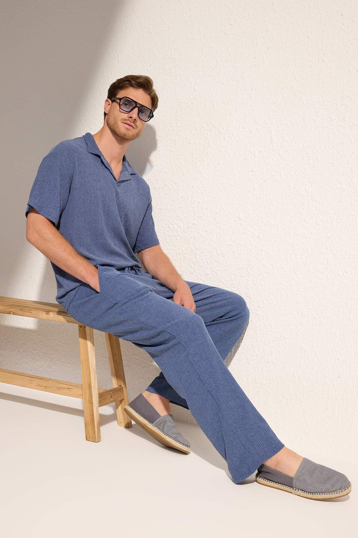 Indigo Wide Leg Dokulu Açık Paça Eşofman Altı