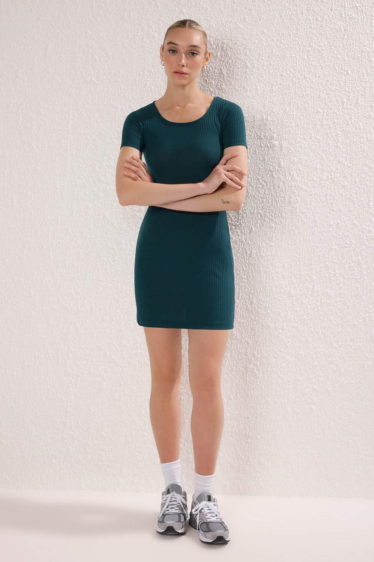 Zümrüt Yeşili Mini A Line/Çan Kesim Örme Elbise