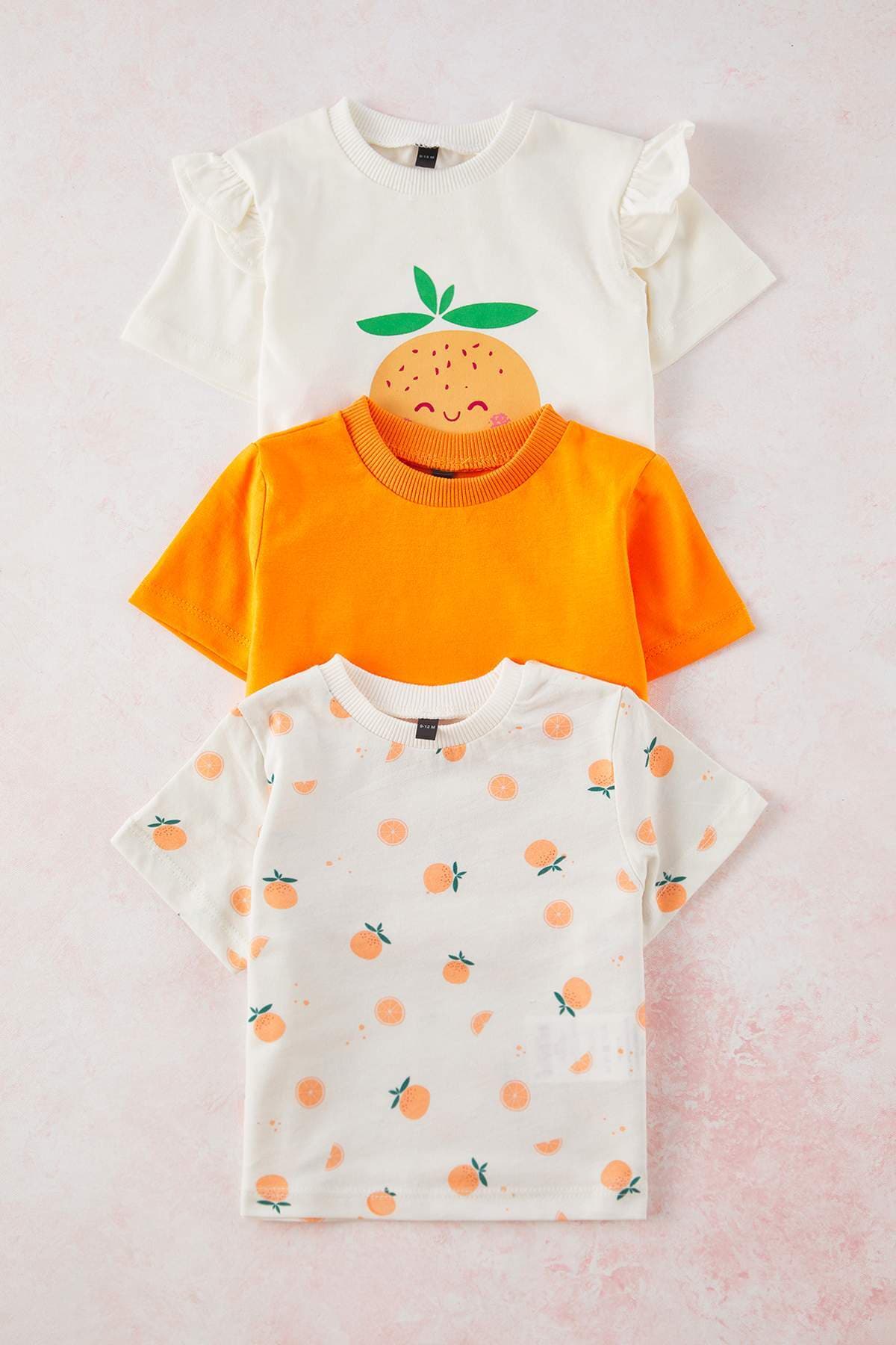 Trendyolmilla Kids Turuncu 3'lü Kız Bebek %100 Pamuk Portakal Baskılı Fırfırlı Kısa Kol T-shirt TKDSS25TS00111