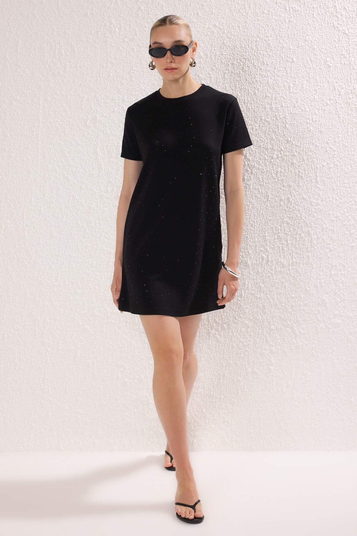 Siyah Taşlı Mini Örme Elbise