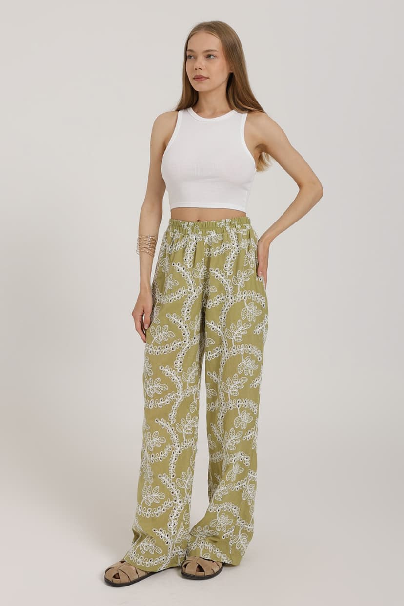 Trendyolmilla Açık Haki Nakışlı Geniş Paça Pantolon TWOSS25PL00129
