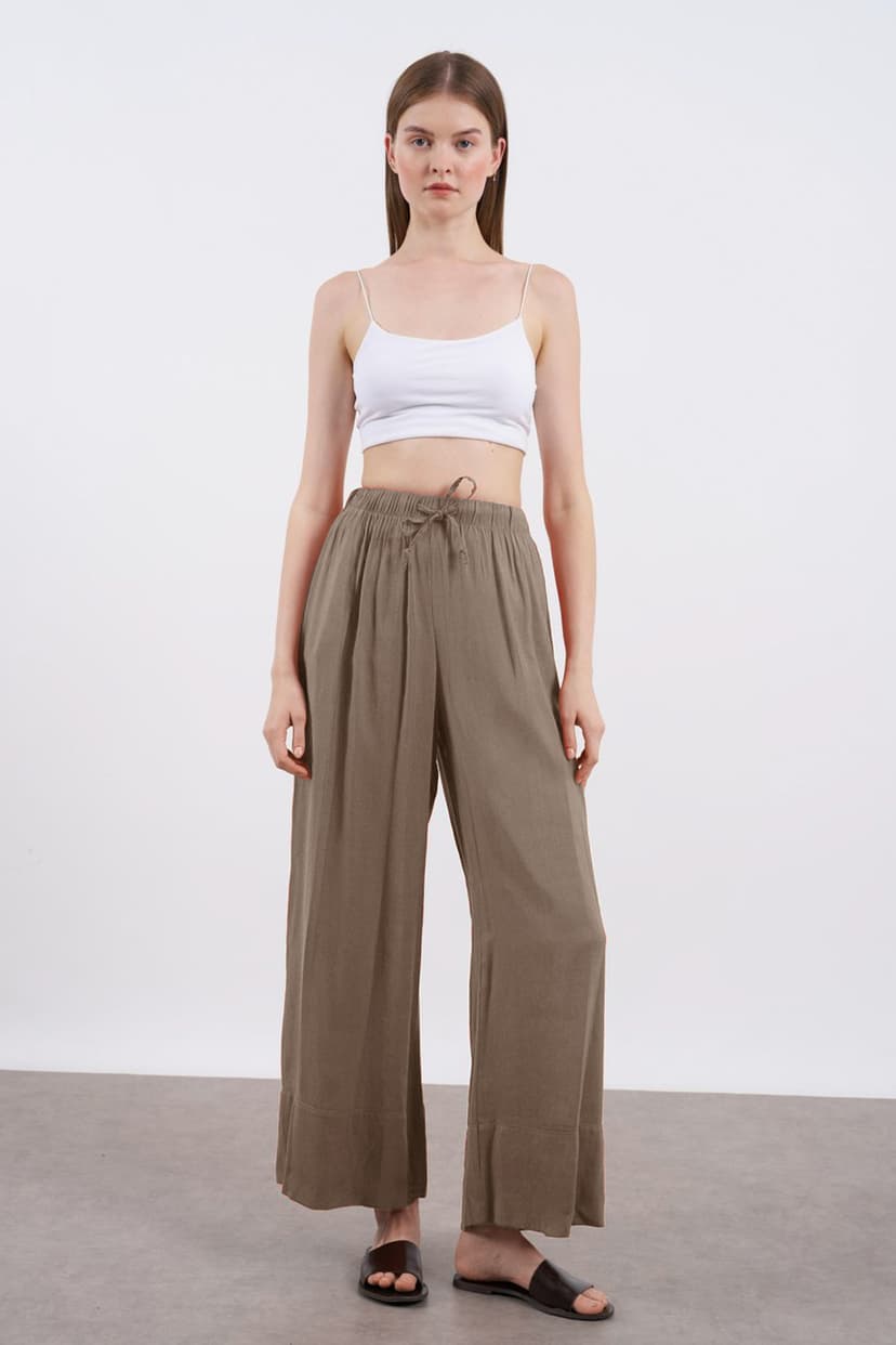 Trendyolmilla Vizon Keten Wide Leg/Geniş Paça Beli Lastikli  Pantolon TWOSS25PL00124