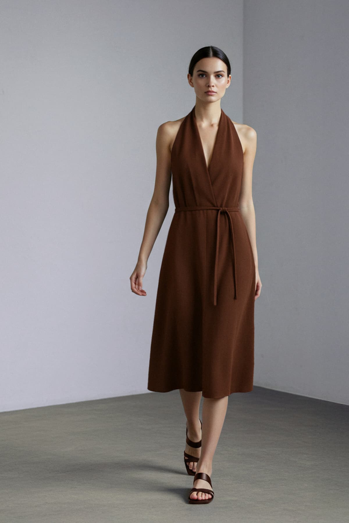 Trendyolmilla Kahverengi Keten Karışımlı A Kesim Midi Dokuma Elbise TWOSS25EL00706