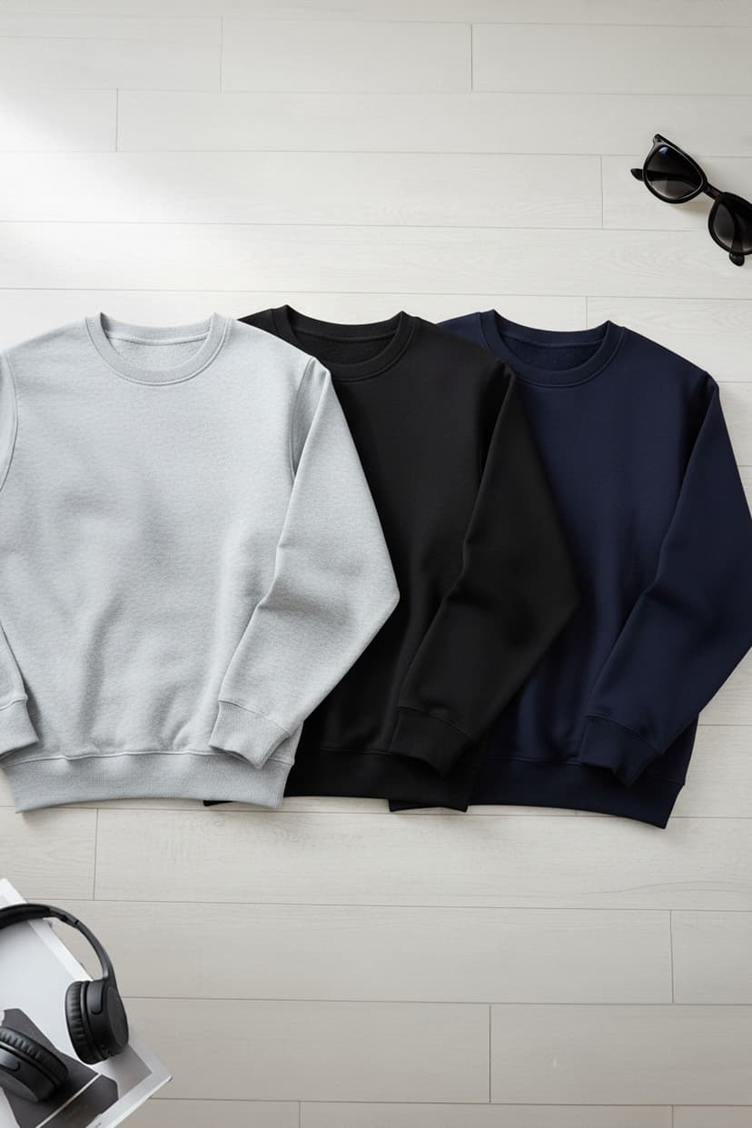 Trendyolmilla Man Siyah-Lacivert-Gri Melanj 3'lü Paket Regular/Normal Kesim Basic İçi Polar Sweatshirt TMNAW26SW00006