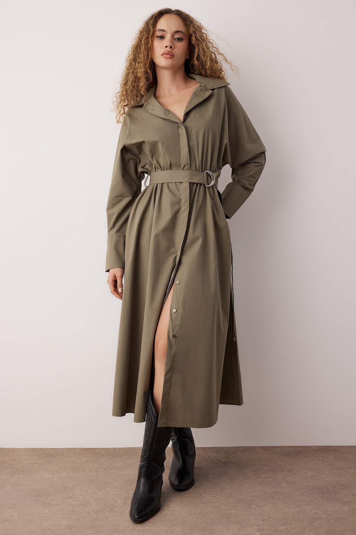 Trendyolmilla Haki Kuşaklı Midi Dokuma Elbise TWOAW26EL00338