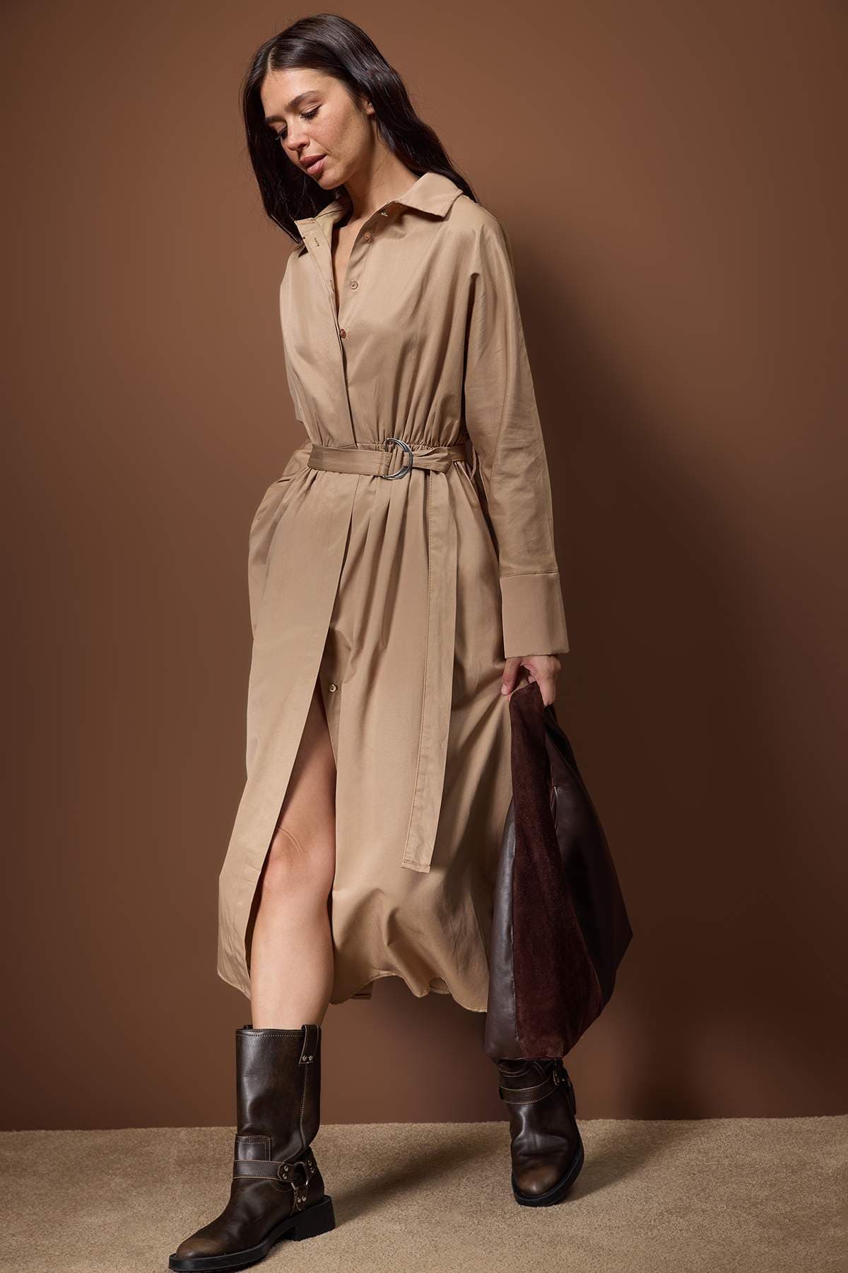 Trendyolmilla Vizon Kuşaklı Midi Dokuma Elbise TWOAW26EL00338