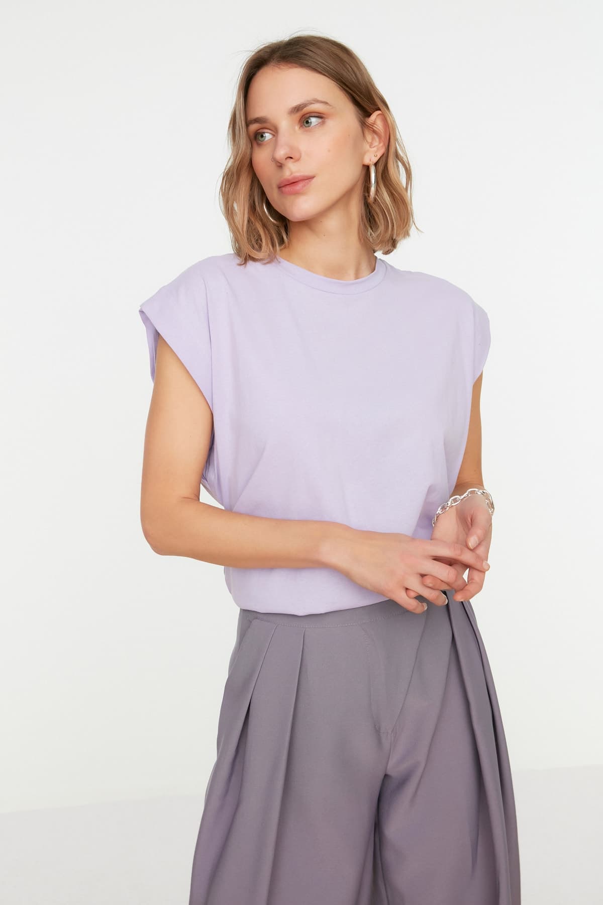 Lila %100 Pamuk Vatka Görünümlü Basic Bisiklet Yaka Örme T-Shirt