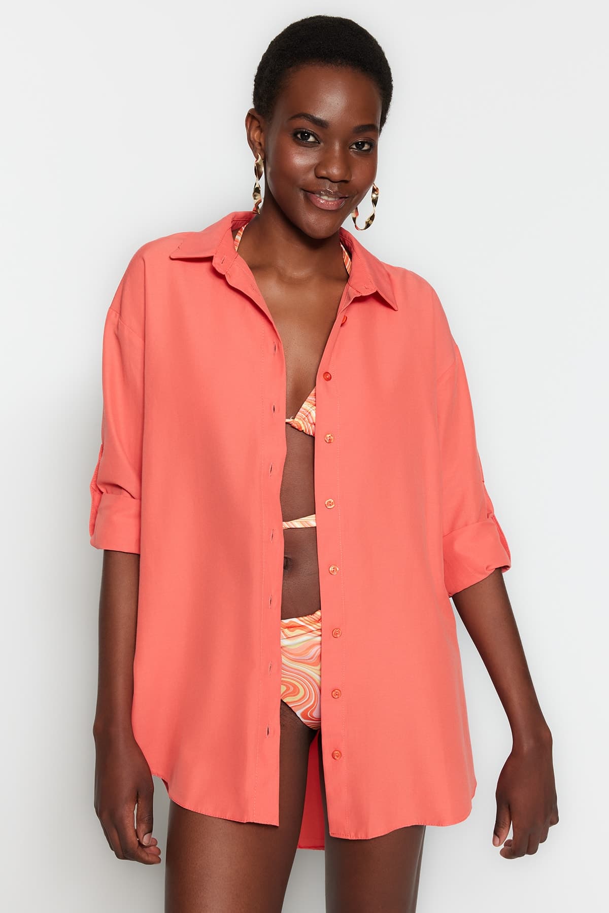 Trendyolmilla Nar Çiçeği Dokuma Plaj Gömleği TBESS22GO0664