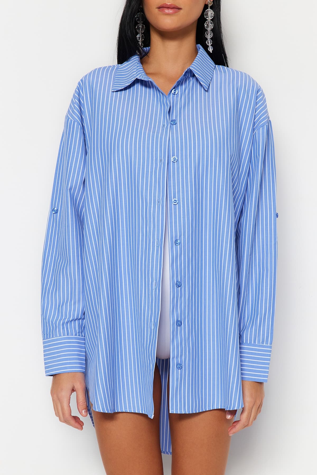 Trendyolmilla Mavi Çizgili Dokuma Plaj Gömleği TBESS22GO0664