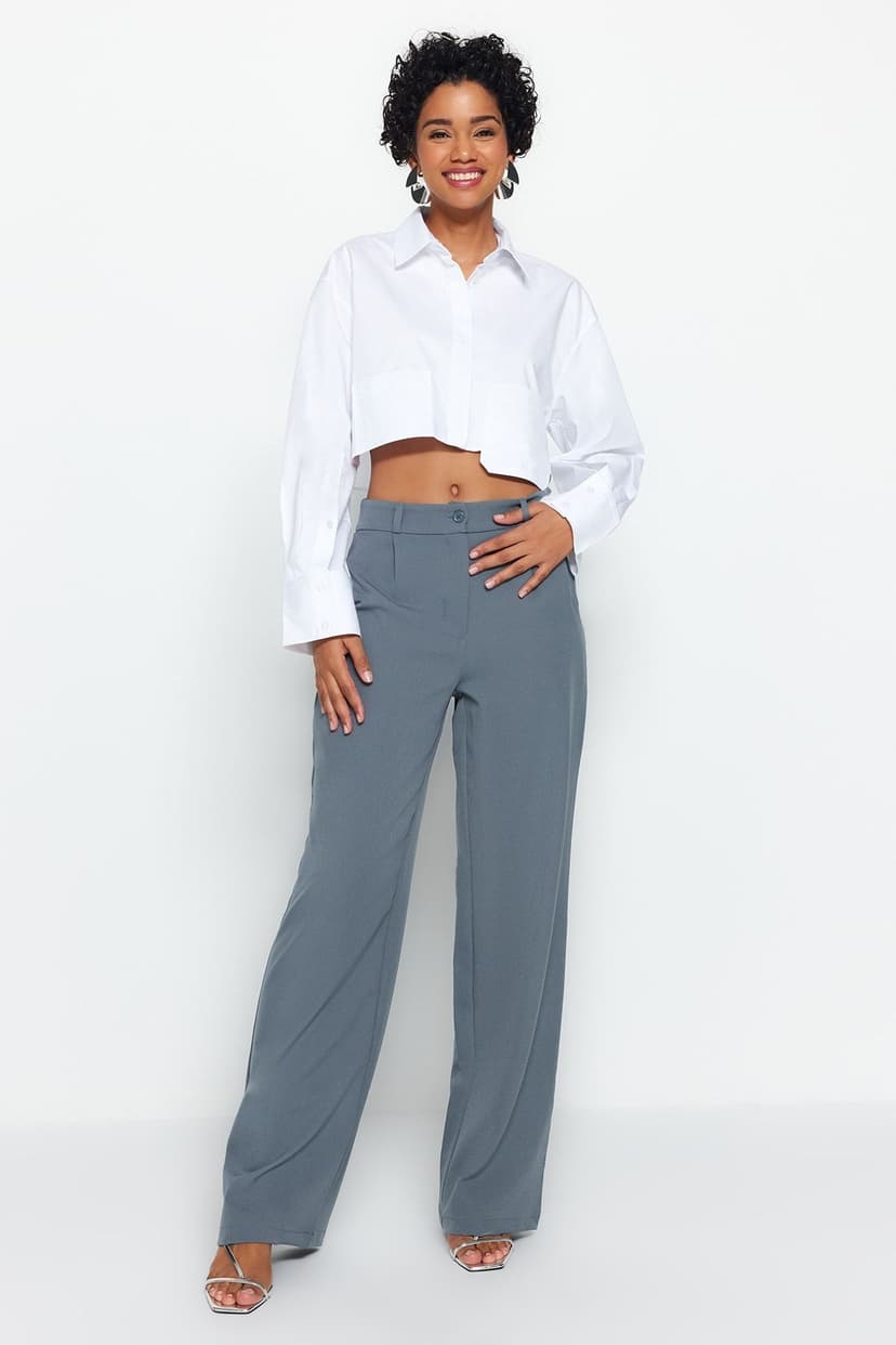 Indigo Yüksek Bel Wide Leg/Geniş Paça Pilili Dokuma Kumaş Pantolon