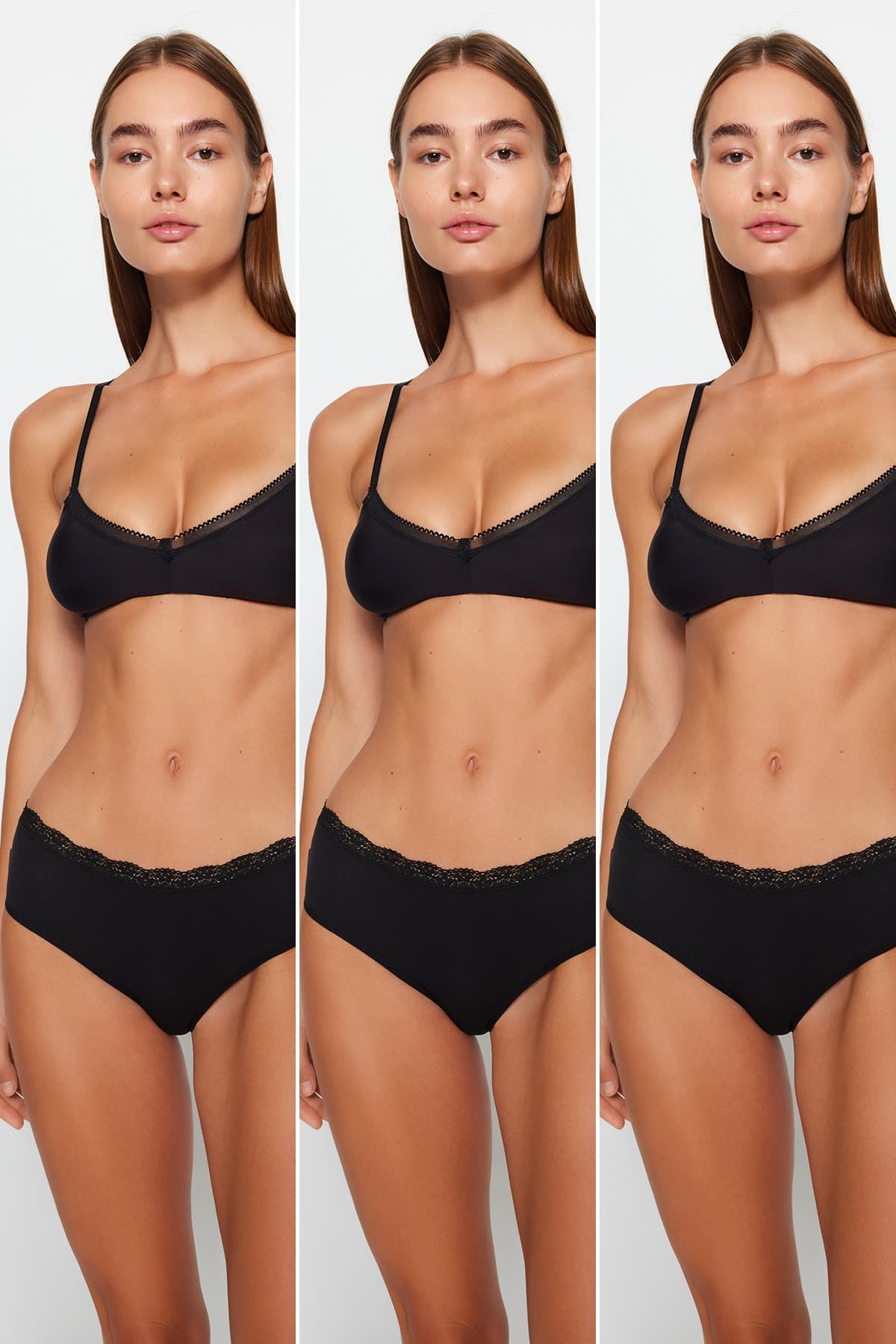 Siyah 3'lü Pamuklu Dantelli Rahat Kalıp Hipster Örme Külot