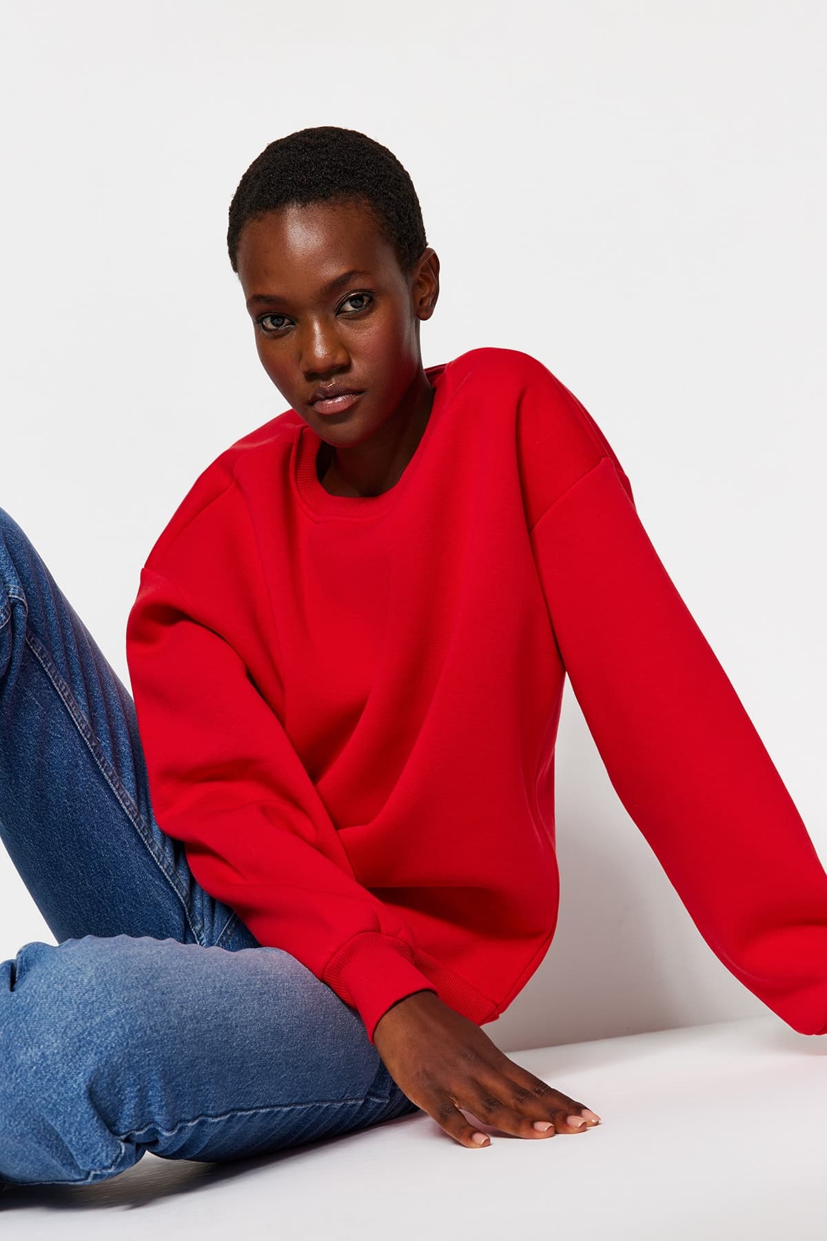 Kırmızı Oversize/Rahat Kesim Basic Bisiklet Yaka Kalın/İçi polarlı Örme Sweatshirt