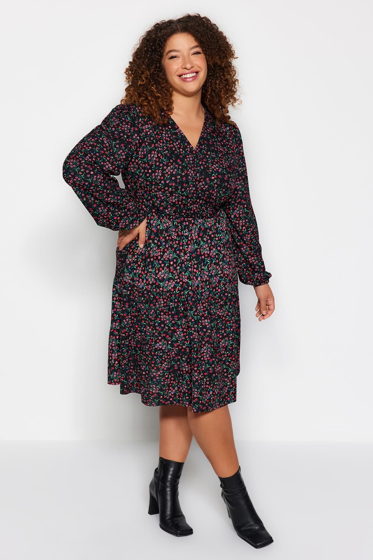 Bordo Çiçek Desenli A-line Mini Örme Elbise Büyük Beden Elbise